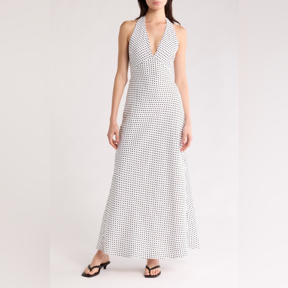 Reformation Delilah Linen Halterneck Maxi Dress In Eclipse Dot, brand new.